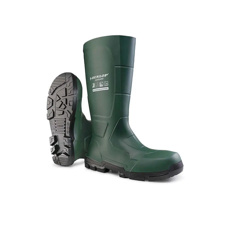 Dark green dunlop acifort jobguard safety boots with black rubber soles reinforced toe caps for heavy duty protection