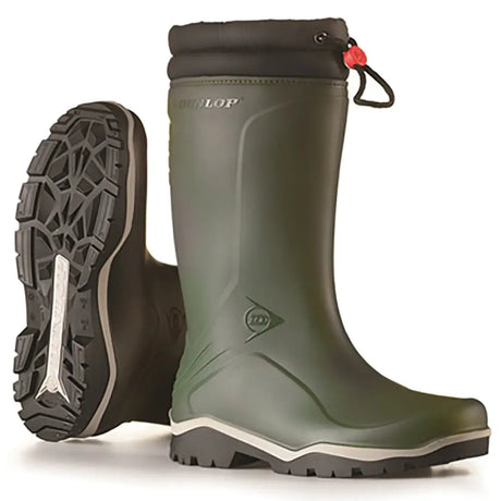 Olive green dunlop blizzard green rubber wellington boots with black and white accents true winter boot warm feet guaranteed
