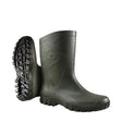 Dark olive green dunlop dee calf-length boot designed with rubber material textured tread and flying d logo embossed