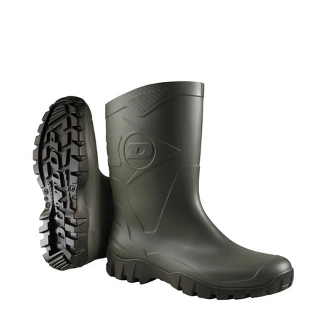 Olive green dunlop dee calf-length boot designed with rubber material textured tread and embossed flying d logo