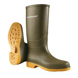 Olive green dunlop dull junior rubber wellington boots with yellow sole designed for low concentration acids protection