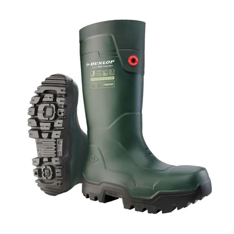Dunlop fieldpro thermo green rubber work boot with black tread red accent button and composite toecap protection