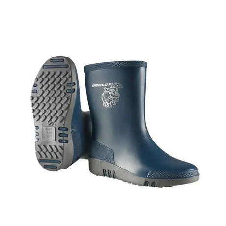 Dark blue dunlop mini child wellington boots with gray sole and white cartoon logo perfect for kids rainy days