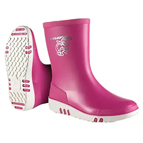 Bright pink dunlop mini child rubber wellington boots with white soles and silver logo on the side