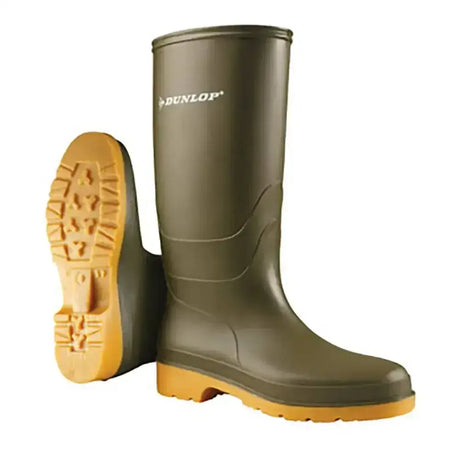 Olive green dunlop pricemastor wellington boots with yellow sole made from dunlop rubber for low concentrate acids protection