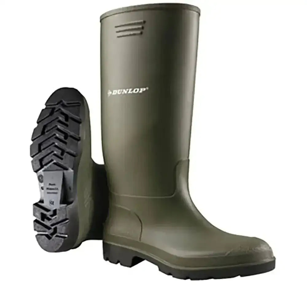 Olive green dunlop pricemastor wellington boot with textured black sole and reinforced heel for low concentrate acids use