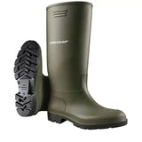 Olive green dunlop pricemastor wellington boot with textured black sole and reinforced heel for low concentrate acids use