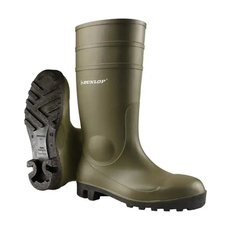 Olive green dunlop protomastor rubber wellington practical boot with textured sole and ankle support for demanding conditions