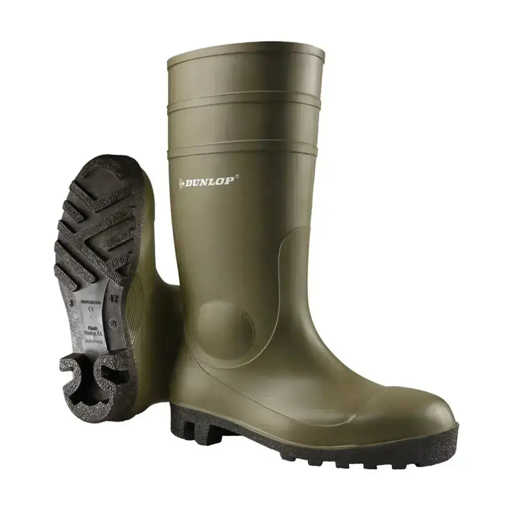 Olive green dunlop protomastor rubber wellington practical boot with textured sole and reinforced ankle for demanding conditions