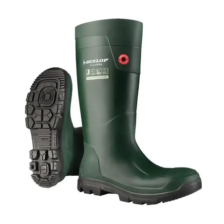 Dark green dunlop purofort fieldpro safety boot with rugged black sole and reinforced toe cap to eliminate heel slippage