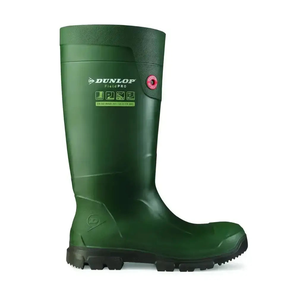 Dunlop purofort fieldpro green rubber work boot with black sole and red logo featuring innovative snug-fit construction to eliminate heel slippage