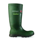 Dunlop purofort fieldpro green rubber work boot with black sole and red logo features innovative snug-fit construction to eliminate heel slippage