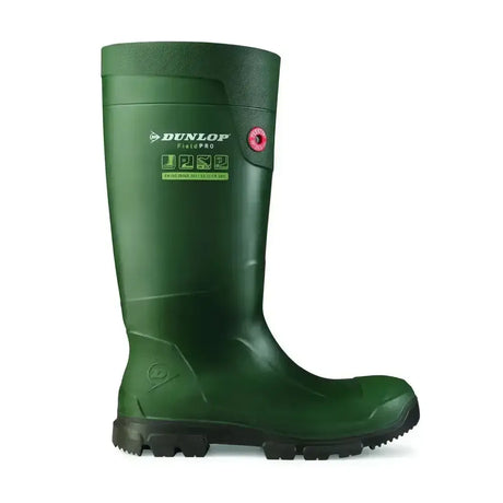 Dunlop purofort fieldpro green rubber work boot with black sole and red logo features innovative snug-fit construction to eliminate heel slippage