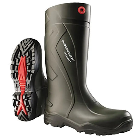 Dark olive green dunlop purofort plus wellington boots with oil resistant outsole and red accents on the sole