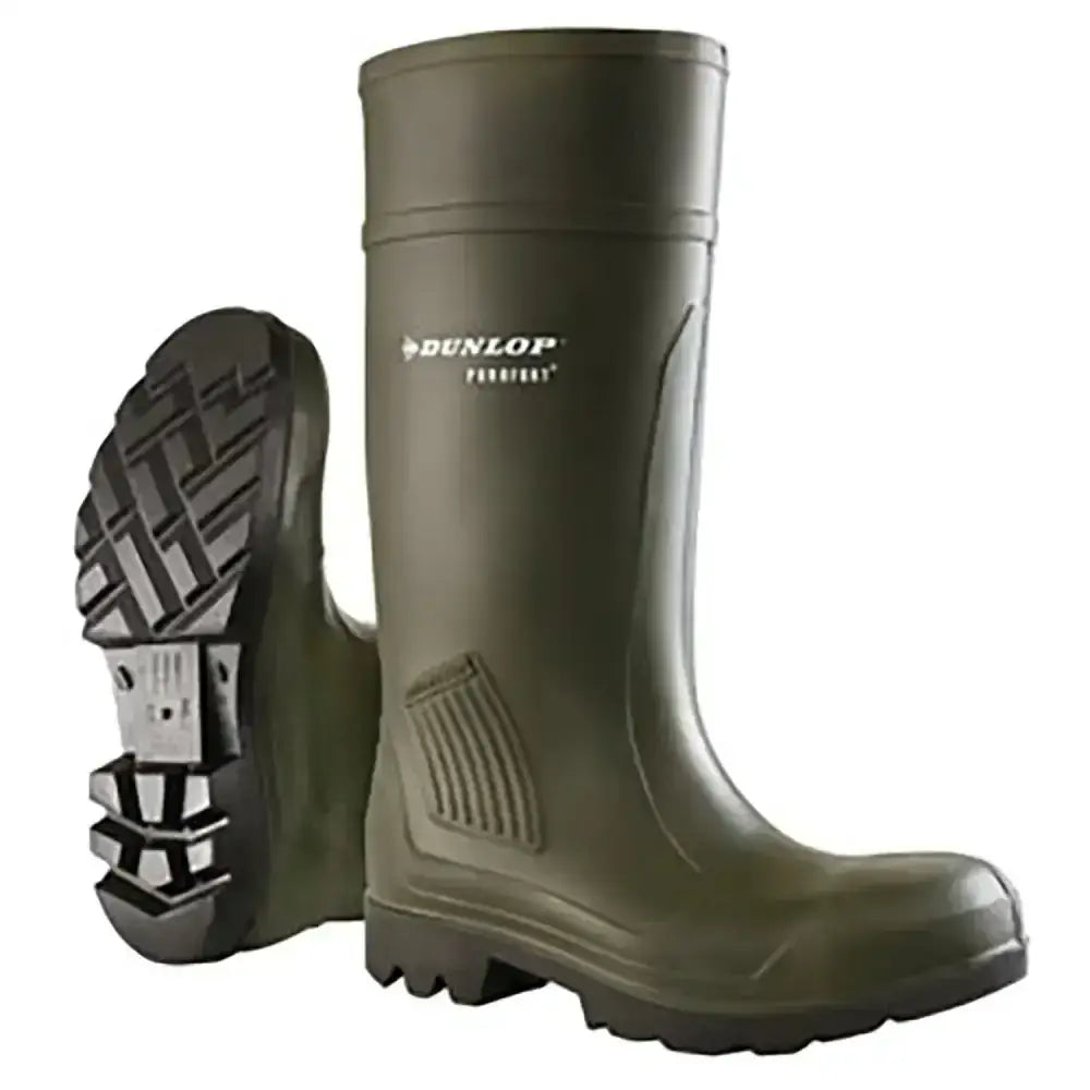 Olive green dunlop purofort professional safety boot with rugged sole and reinforced side panels original purofort boot certified
