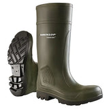 Olive green dunlop purofort professional wellington boots with textured sole and reinforced side panel for safety use