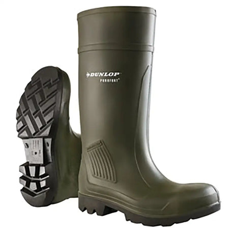 Olive green dunlop purofort professional wellington boots with textured sole and reinforced side panel for safety use