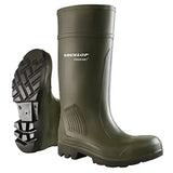 Olive green dunlop purofort professional safety boot with rugged rubber sole and reinforced side panels for tough use