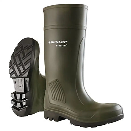 Olive green dunlop purofort professional wellington boots with rugged oil resistant outsole and reinforced heel