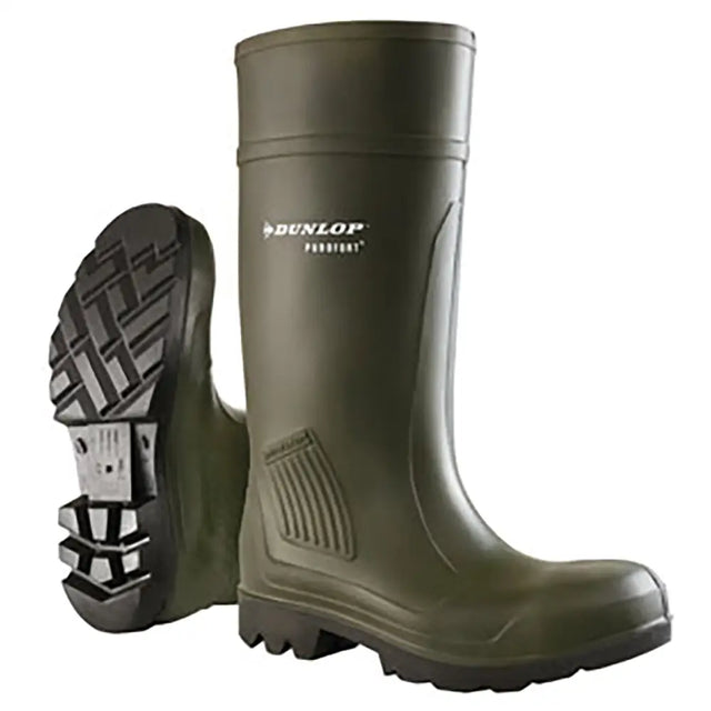 Olive green dunlop purofort professional wellington boots with rugged oil resistant outsole and reinforced heel
