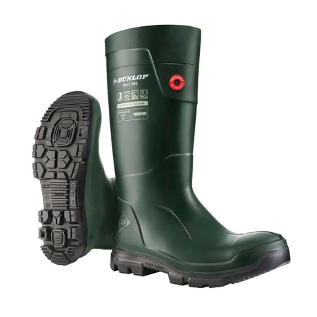 Dark green dunlop purofort terrapro safety boot with rugged black sole and reinforced toe cap to eliminate heel slippage