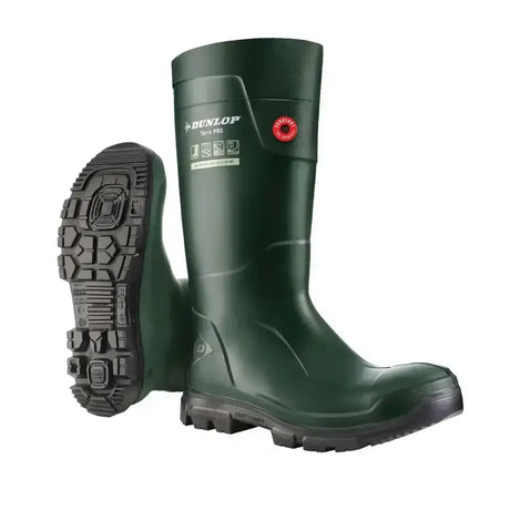 Dark green dunlop purofort terrapro wellington boots with rugged black tread and red logo for tough outdoor use