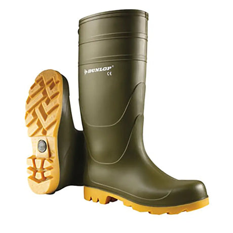 Olive green dunlop universal wellington boots with yellow sole designed for low concentration acids protection
