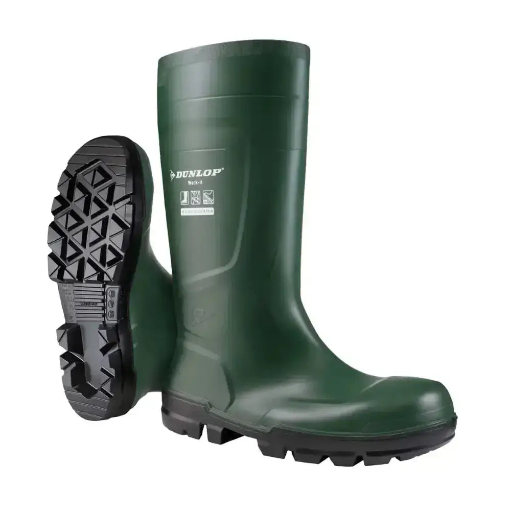 Dark green dunlop work-it safety wellington boots with steel toecap and black rubber sole in safety green