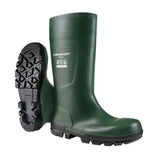 Dark green dunlop work-it safety wellington boots with steel toecap black rubber sole and textured tread