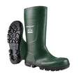 Dark green dunlop work-it full safety green wellington boot with steel toecap and rugged black tread sole