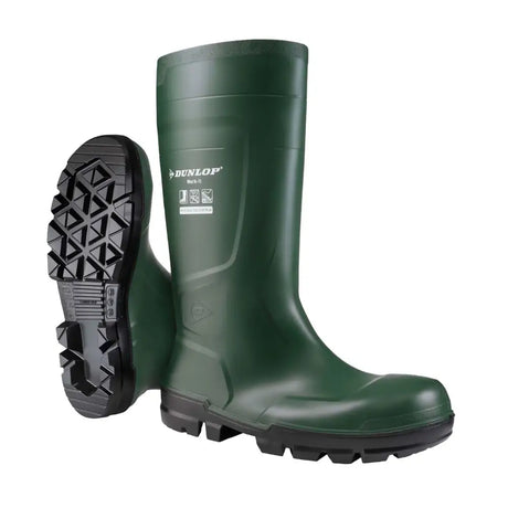 Dark green dunlop work-it full safety green wellington boot with steel toecap and rugged black tread sole