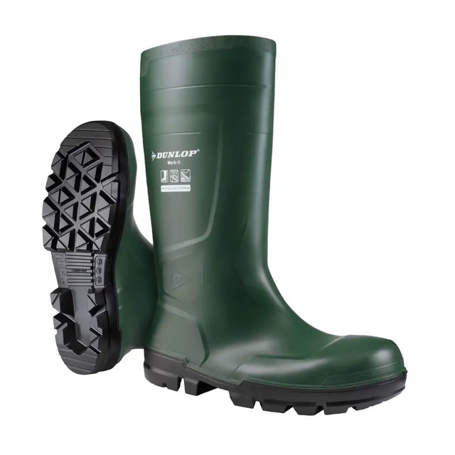 Dark green dunlop work-it full safety green wellington boot with steel toecap and rugged black tread sole