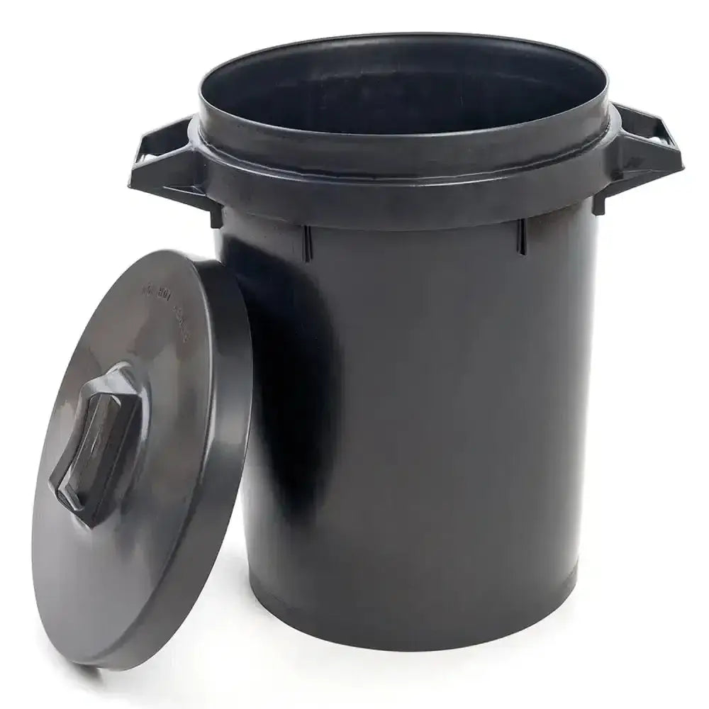 Black heavy duty dustbin 90 lt with secure lid and integrated side handles for robust heavy duty use