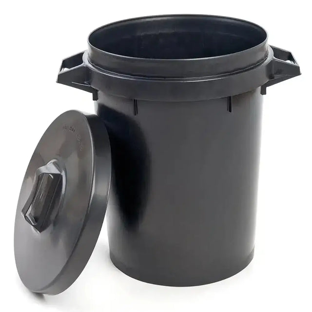Black heavy duty dustbin 90 lt with secure lid and integrated side handles for robust heavy duty use