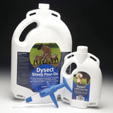 White plastic jugs of dysect sheep pour sheep pour on treatments with a blue applicator syringe in front