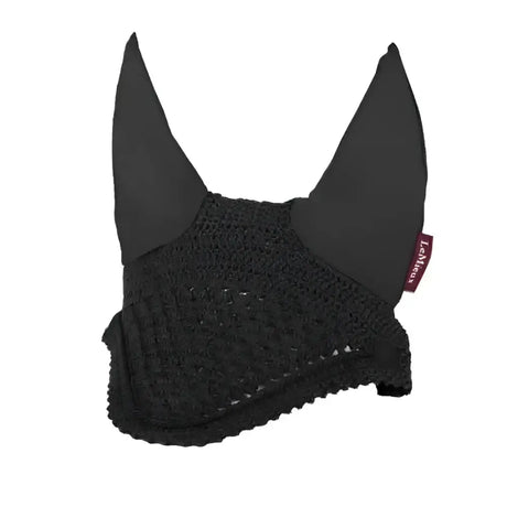 Black crocheted ear bonnets lemieux with soft fabric ears and subtle brand tag for lemieux vogue fly hood