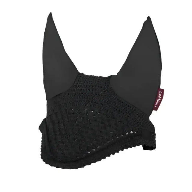 Black crocheted ear bonnets lemieux with soft fabric ears and subtle brand tag for lemieux vogue fly hood