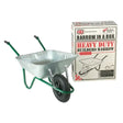 Green-handled easi-load heavy duty wheelbarrow with galvanized steel frame and single black rubber tire conveniently flat-packed