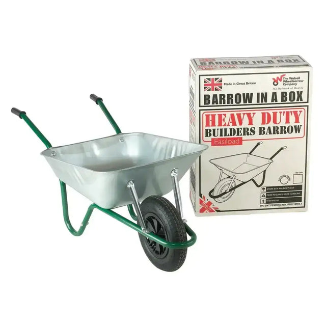 Green-handled easi-load heavy duty wheelbarrow with galvanized steel frame and single black rubber tire conveniently flat-packed