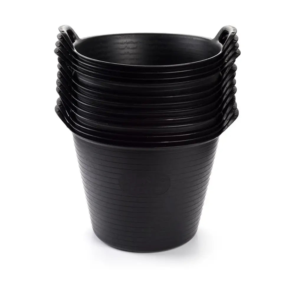 Stack of black plastic easi trug buckets with ribbed texture and handles perfect as a stable yard flexible trug