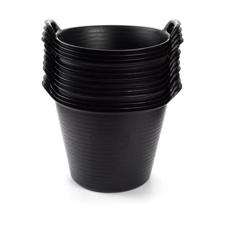 Stack of black plastic easi trug buckets with ribbed texture and handles perfect as a stable yard flexible trug