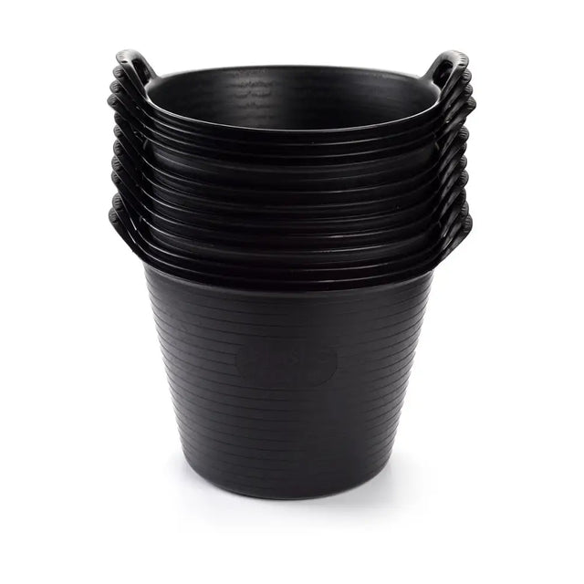 Stack of black plastic easi trug buckets with ribbed texture and handles perfect as a stable yard flexible trug