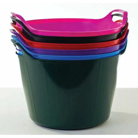 Stacked easi trug flexible feed buckets 26 litre strong in vibrant pink black red purple and blue with handles