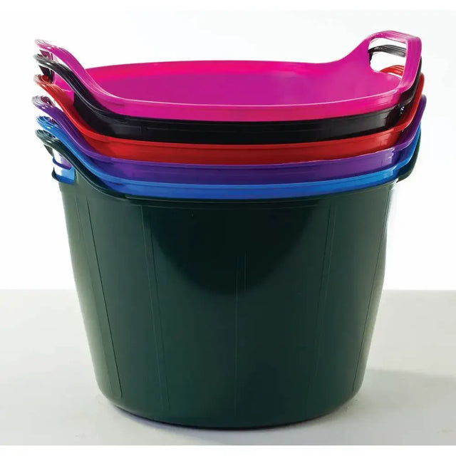 Stacked easi trug flexible feed buckets 26 litre strong in vibrant pink black red purple and blue with handles