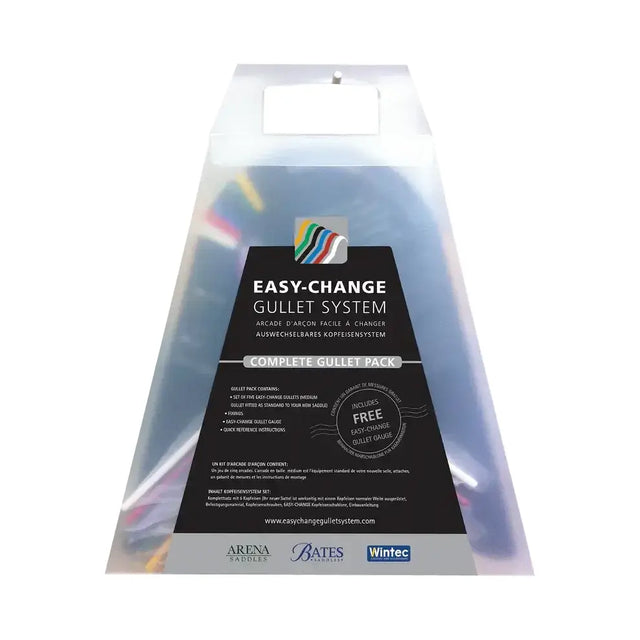 Clear plastic package of the easy-change gullet system complete pack with colorful gullets and an easy-change gullet gauge