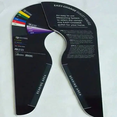 Black plastic easy change wintec gullet gauge with color-coded guides for selecting the correct gullet size for horses