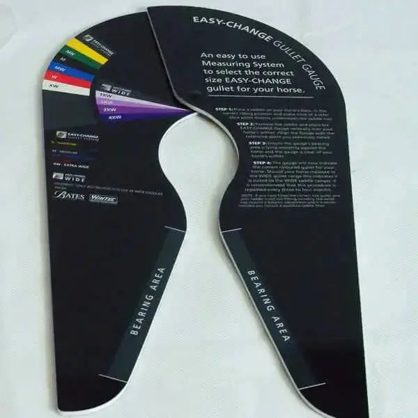Black plastic easy change wintec gullet gauge with color-coded guides for selecting the correct gullet size for horses