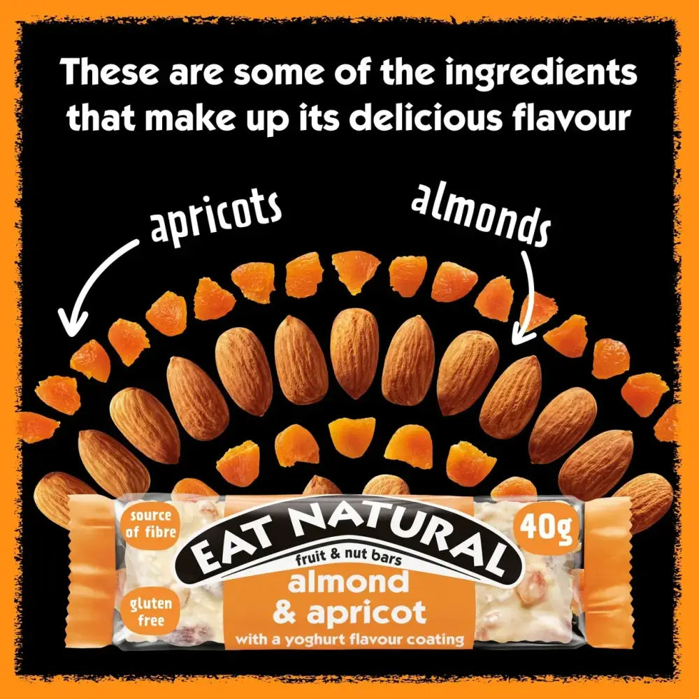 A 40g eat natural almond and apricot yoghurt coated fruit and nut bar wrapped in orange and white packaging