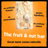 A creamy off-white eat natural almond and apricot yoghurt coated bar with visible nut chunks on its textured surface