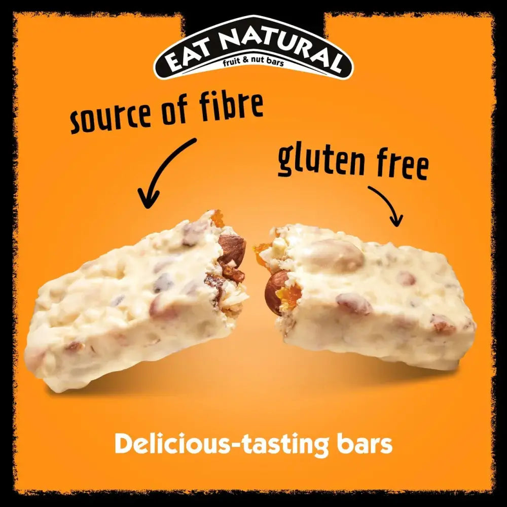 A creamy white eat natural almond and apricot yoghurt coated fruit and nut bar with visible nuts and dried fruits